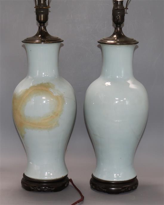 A pair of Chinese celadon glazed baluster table lamps height 73cm